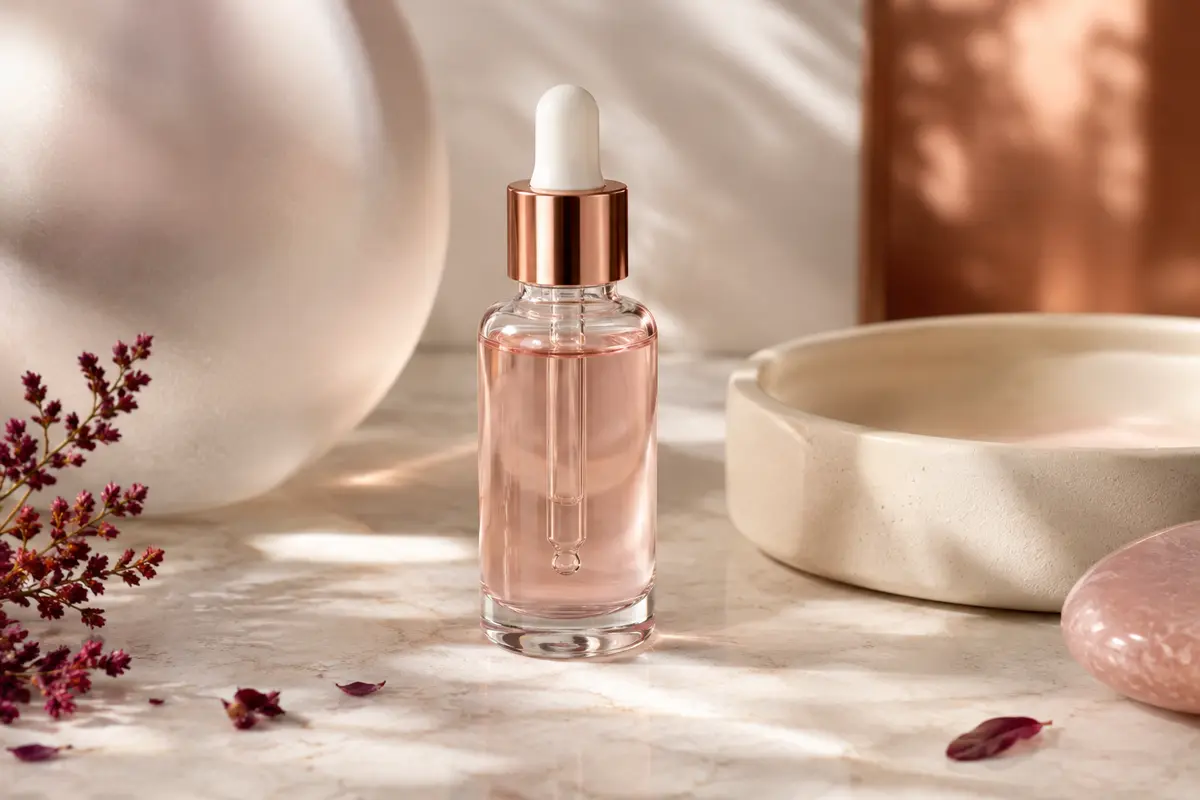 Flacon minimaliste de sérum visage posé sur une pierre claire avec une coupelle en céramique ivoire.