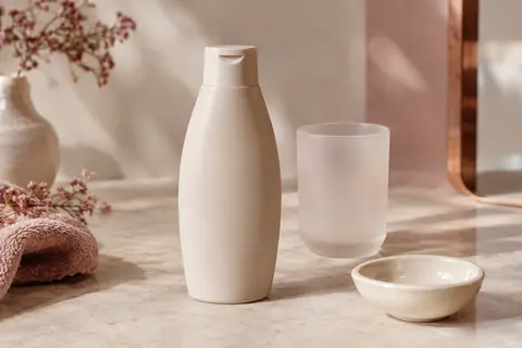 Flacon de shampoing Bain Densité posé sur une pierre claire dans un décor de beauté épuré