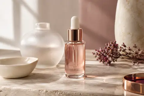 Flacon de sérum à l’acide salicylique posé sur une pierre claire dans une lumière douce.