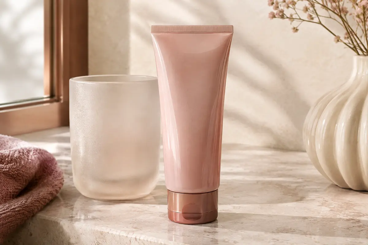 Tube de gel lavant SVR posé sur une pierre claire près d’un accessoire en verre dépoli.