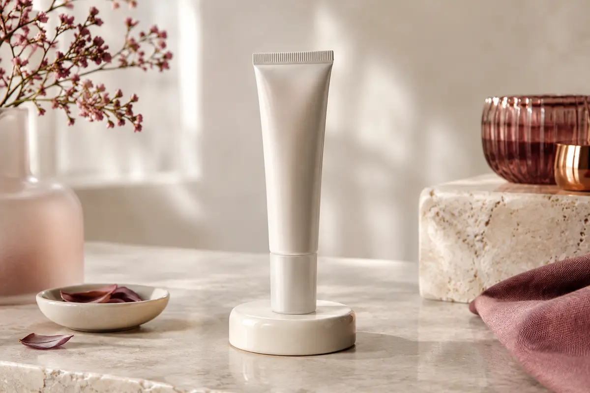 Tube de crème hydratante pour le visage posé sur une surface en pierre claire, dans un décor de beauté épuré.