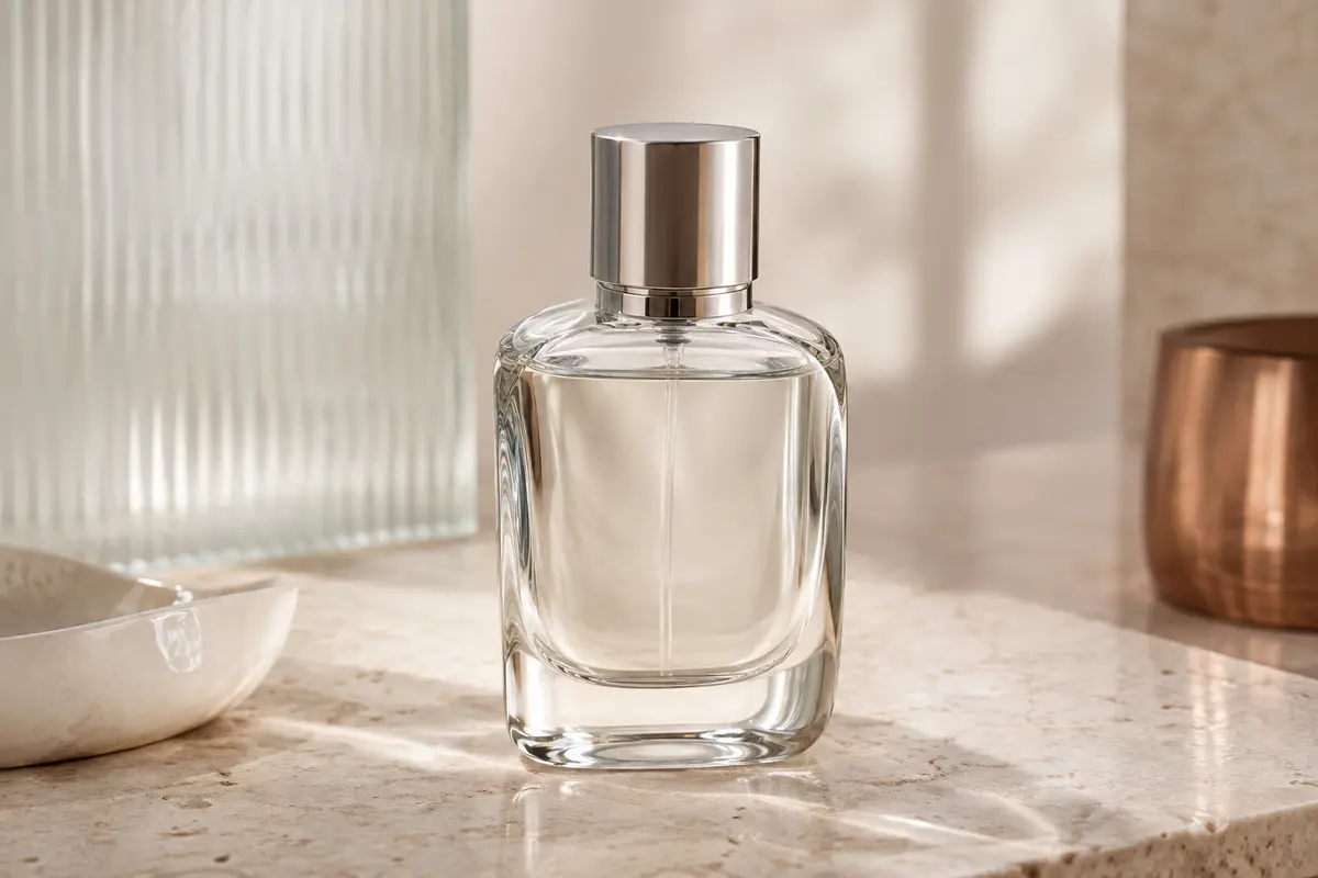 Flacon transparent de 100 ml aux courbes subtiles et au capot argenté, posé sur une surface claire.