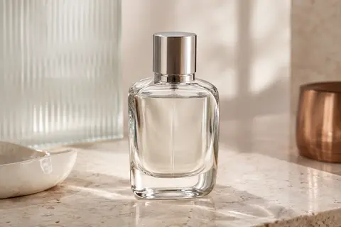 Flacon transparent de 100 ml aux courbes subtiles et au capot argenté, posé sur une surface claire.