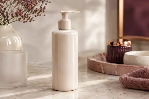 Flacon pompe de lait corps posé sur une pierre claire, avec une touche de lait et une coupelle ivoire.