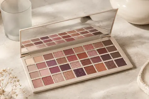 Palette ouverte de 40 fards à paupières mêlant teintes mates et chatoyantes sur une surface claire