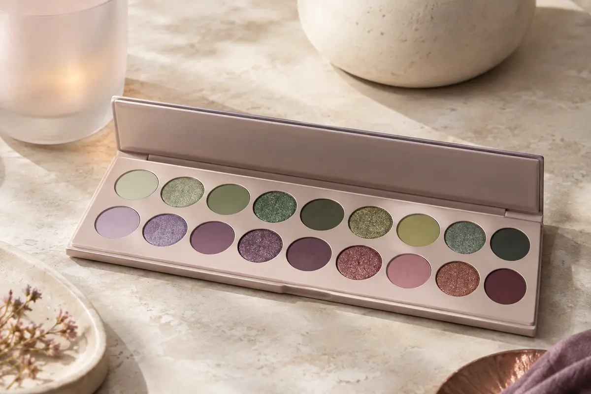 Palette ouverte de 18 fards verts et violets aux finis mats, irisés et métallisés sur une pierre claire.