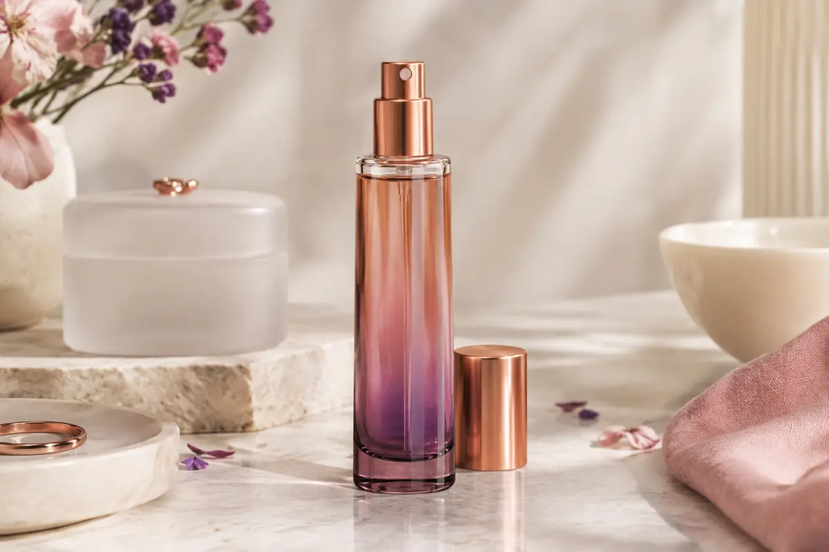 Flacon élancé d’eau de toilette aux accents multicolores posé sur une pierre claire, dans un décor raffiné