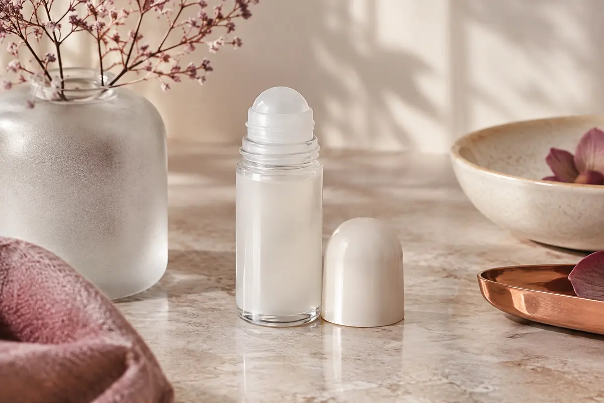Déodorant roll-on Vichy posé sur une pierre claire avec du verre dépoli et une céramique ivoire.