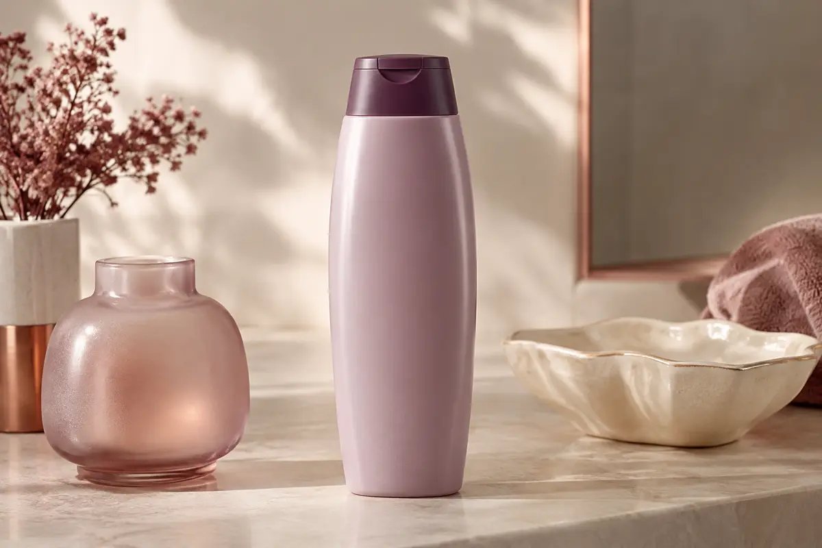 Flacon de shampooing antipelliculaire posé sur une pierre claire près d’un verre dépoli
