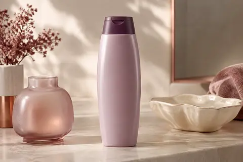 Flacon de shampooing antipelliculaire posé sur une pierre claire près d’un verre dépoli