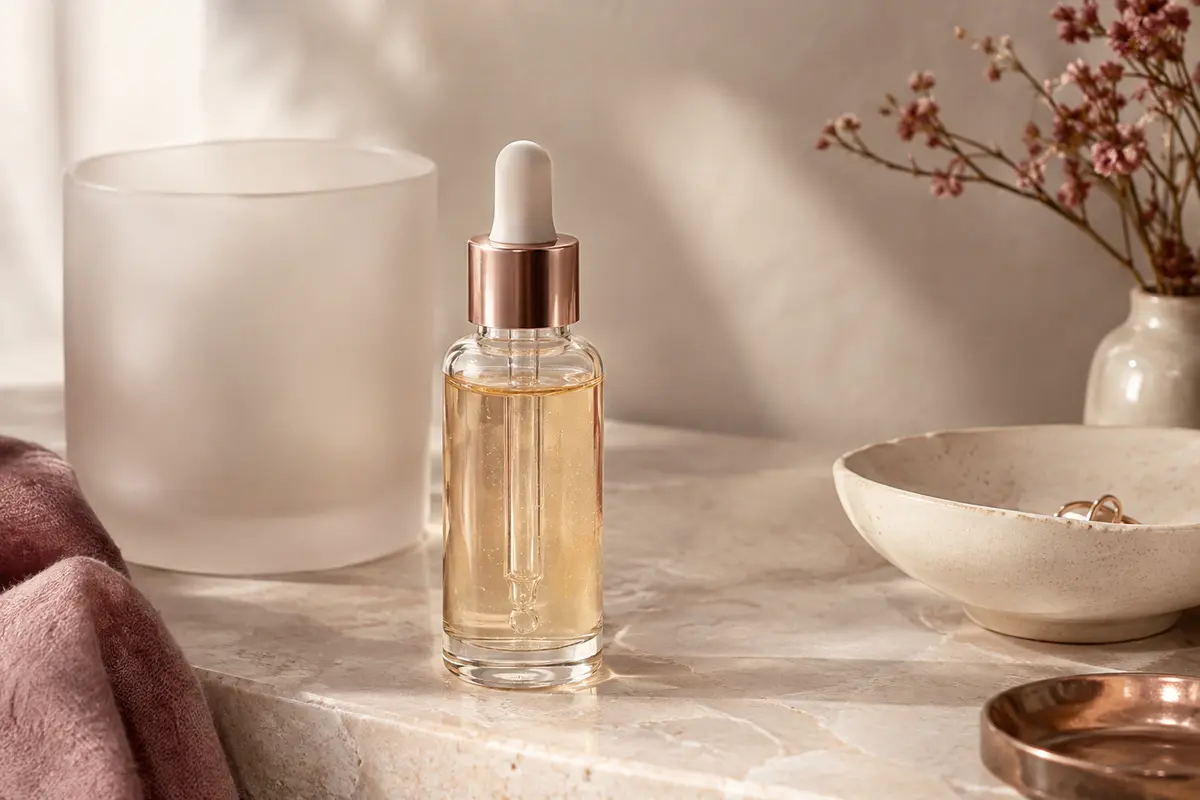 Flacon de sérum hydratant Vichy Minéral 89 posé sur une pierre claire près d’un verre dépoli.