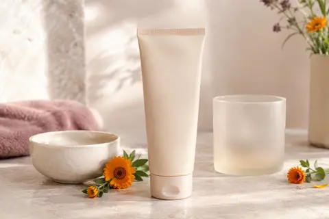 Crème lavante beige pour le corps et les cheveux, mise en scène sur une pierre claire avec un accessoire ivoire.