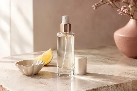 Flacon vaporisateur en verre d’un déodorant citronné posé sur une pierre claire avec un quartier de citron