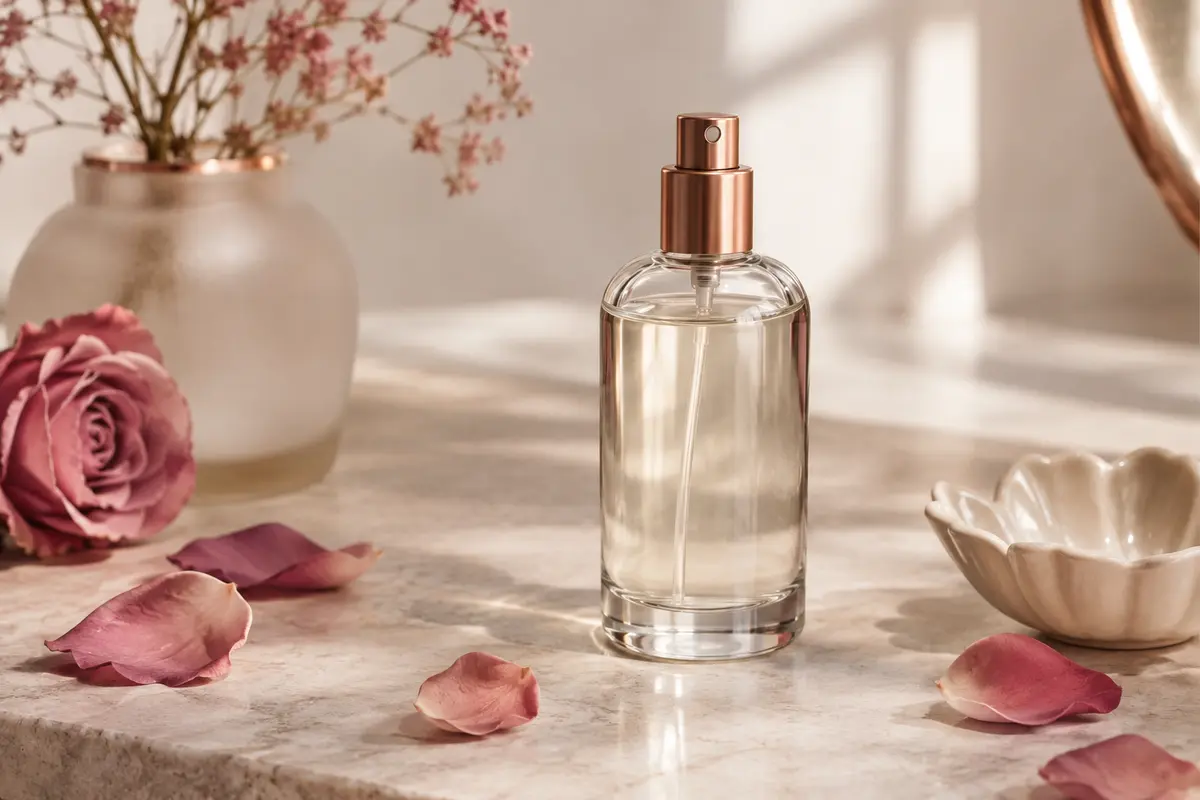 Déodorant spray Weleda à la rose musquée dans un flacon en verre, posé sur une surface claire.