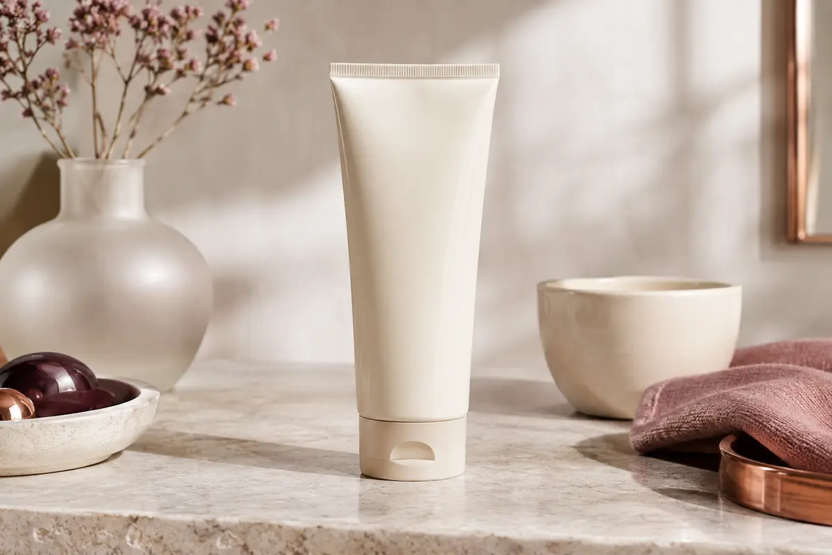 Flacon d’après-shampoing Wella Professionals Fusion posé sur une pierre claire près d’un verre dépoli.