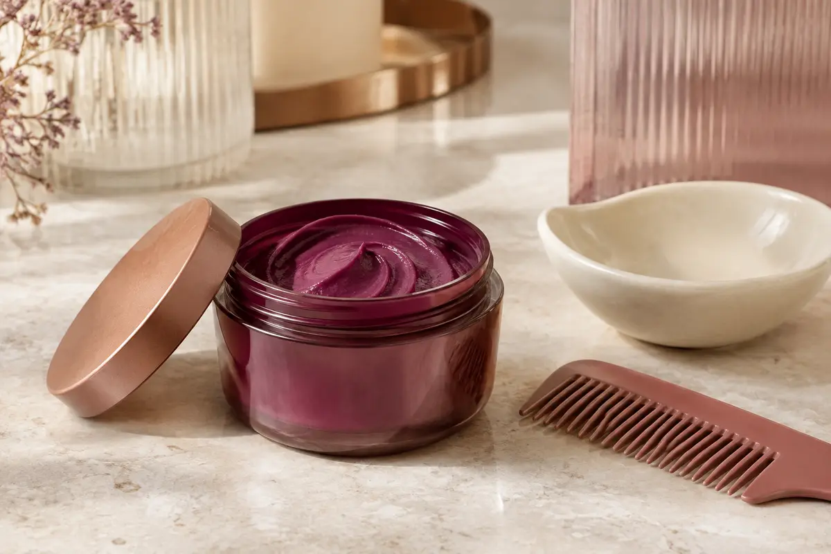 Pot de masque capillaire posé sur une pierre claire avec un peigne et un accessoire en céramique ivoire.