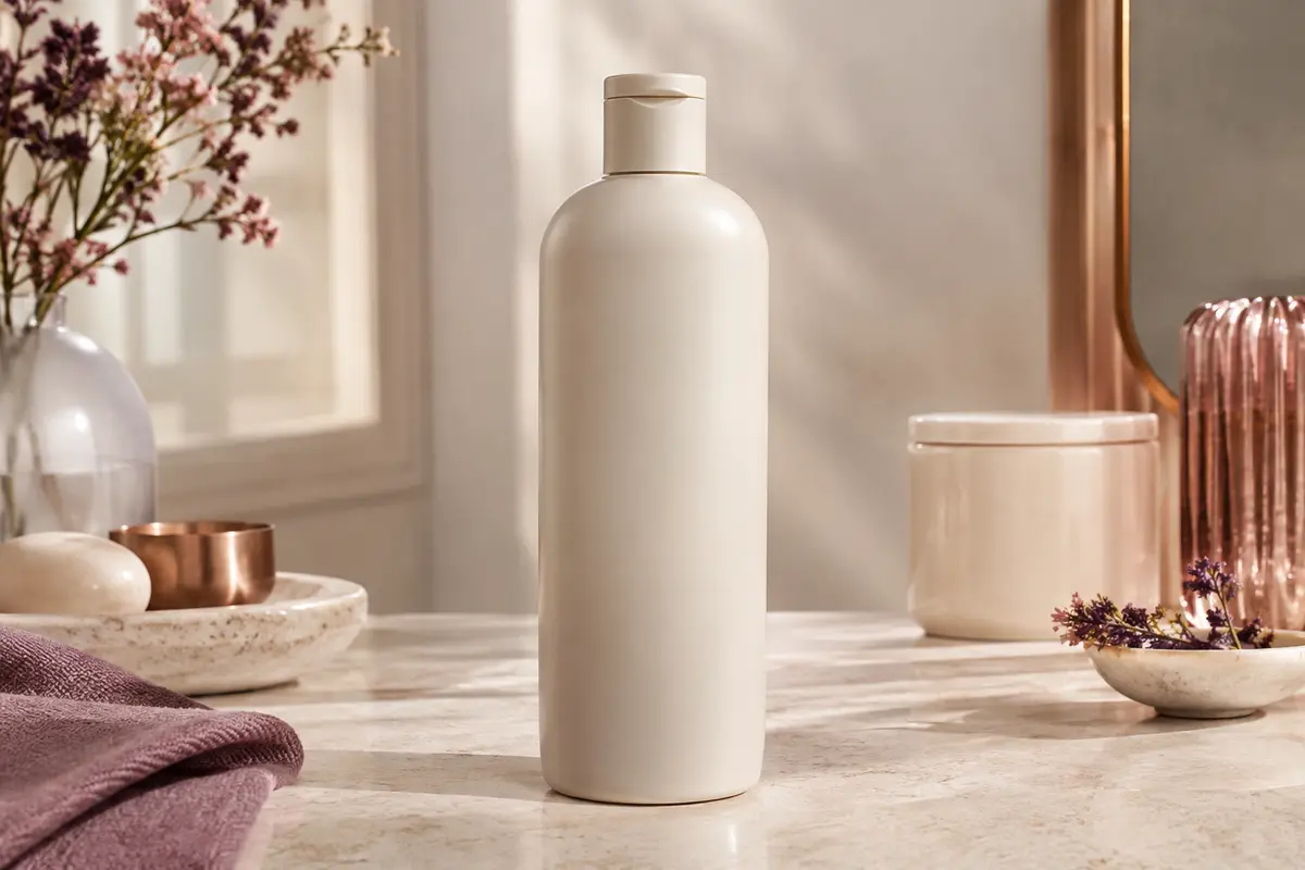 Flacon de shampoing Wella Professionals Fusion posé sur une surface en pierre claire dans un décor de beauté épuré