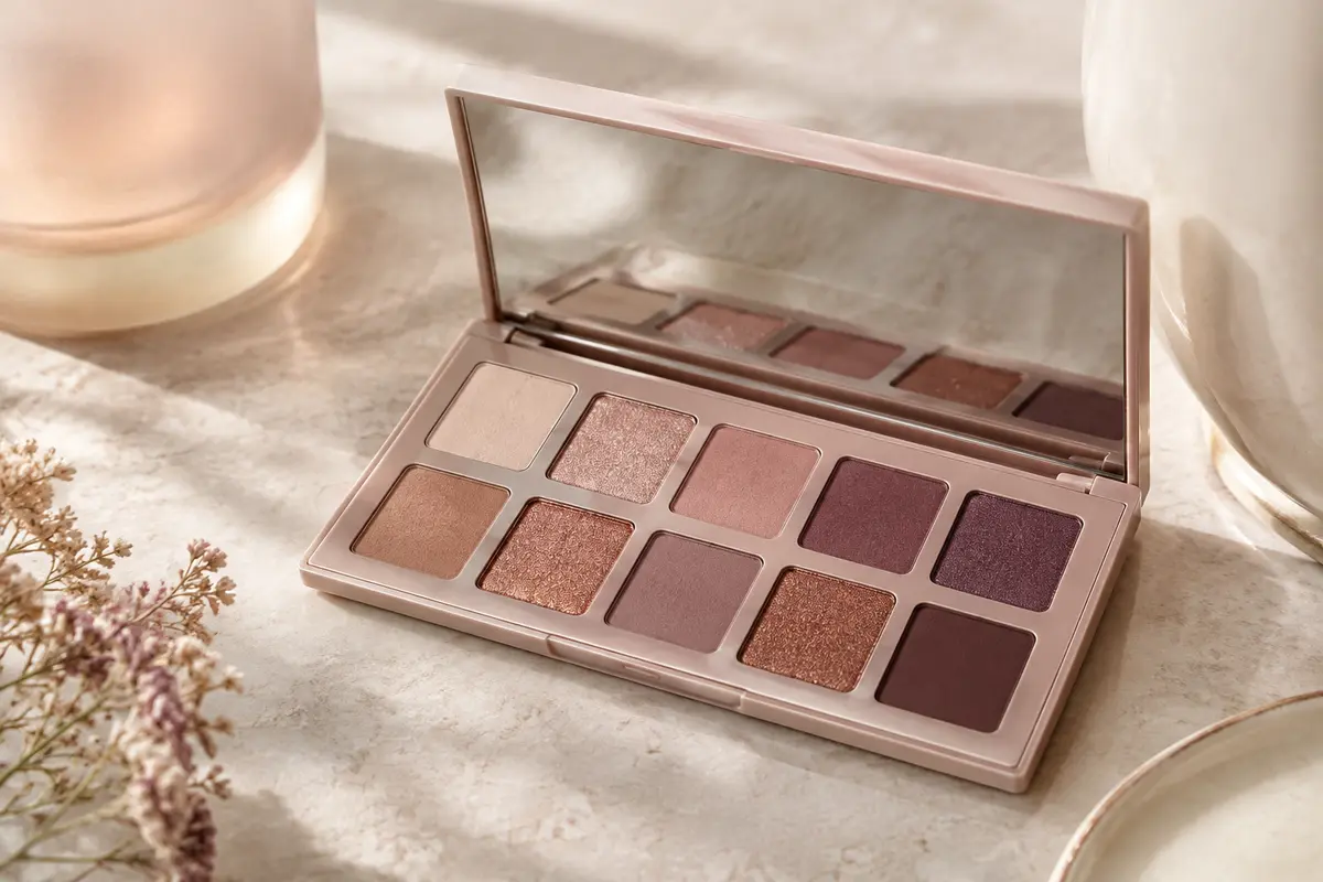 Palette ouverte de dix fards à paupières nude présentée sur une surface en pierre claire
