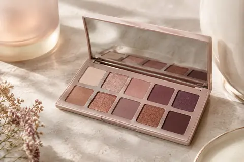 Palette ouverte de dix fards à paupières nude présentée sur une surface en pierre claire