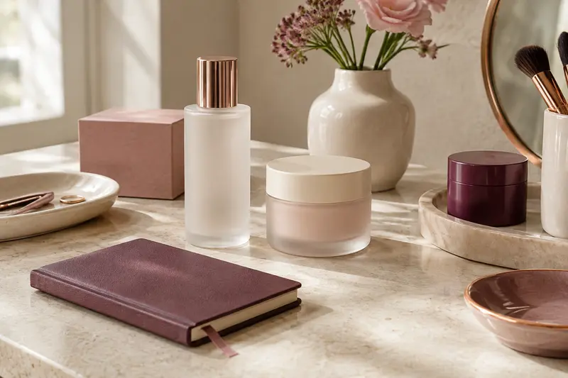Produits de beauté et accessoires disposés sur une surface claire dans une lumière douce