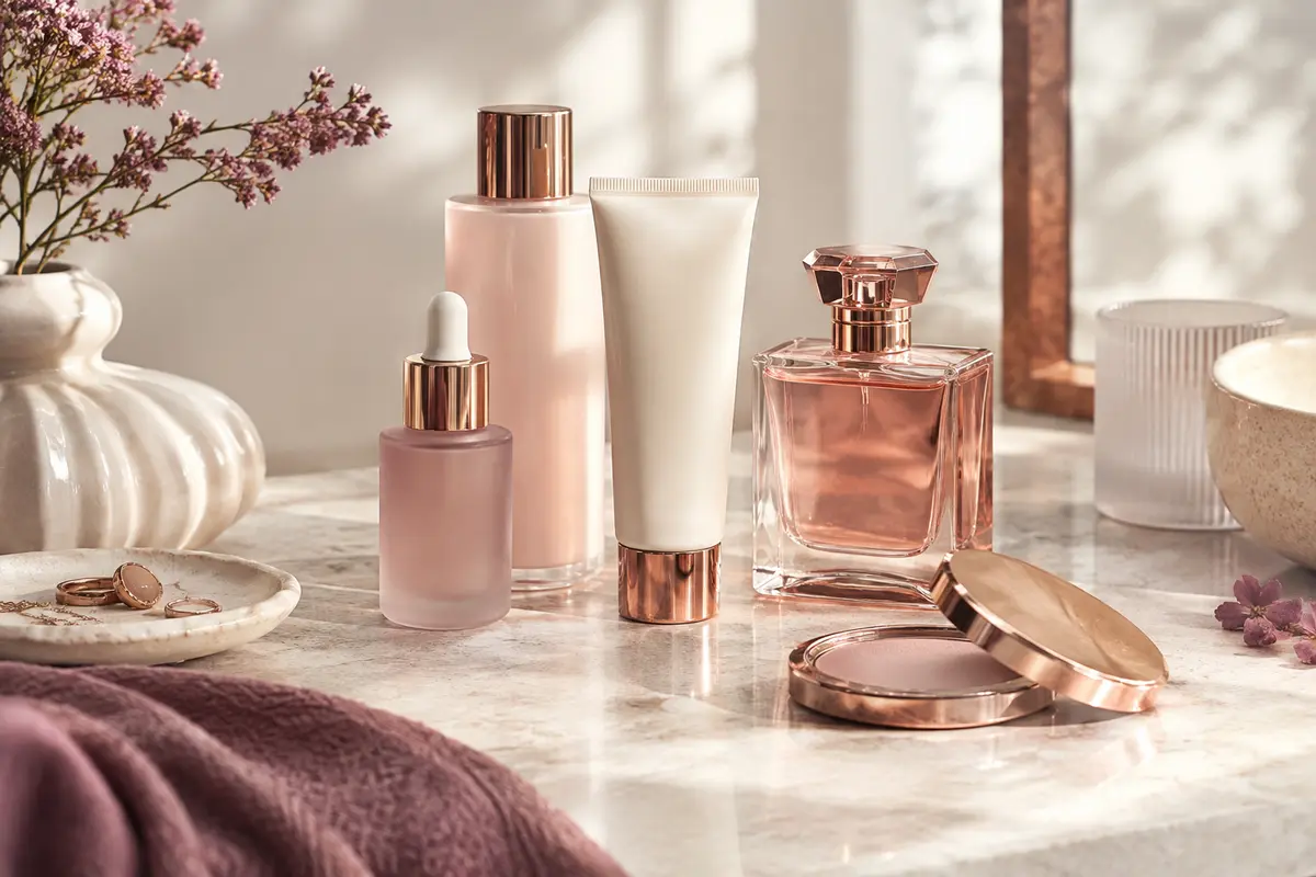 Sélection de soins, maquillage et parfum présentée dans un décor clair et raffiné